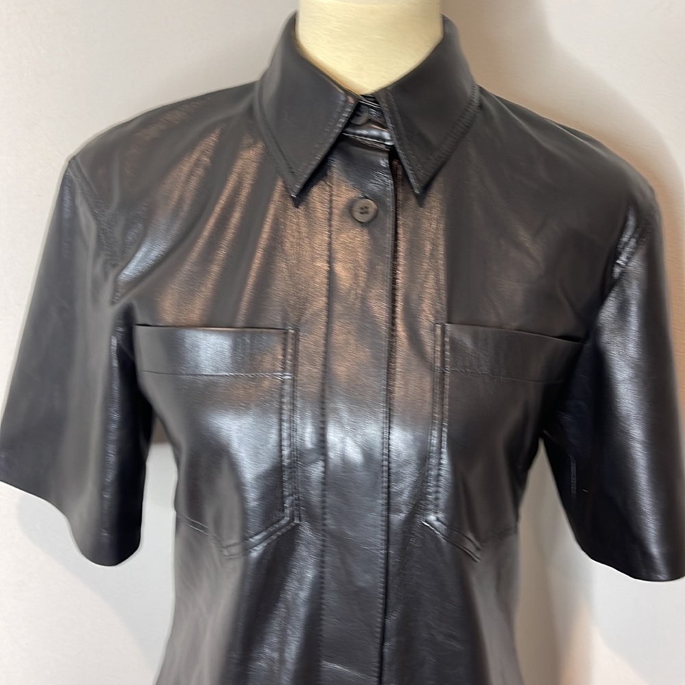 NANUSHKA “Berto” Vegan‎ Leather Collared Button-down Shirtdress in Black - Picture 11 of 15
